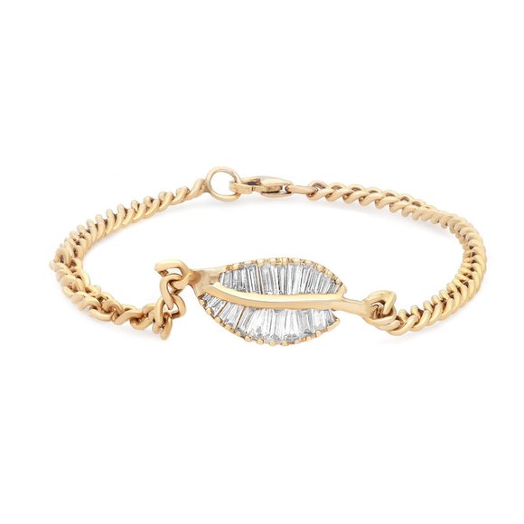 0.35Cttw Baguette Cut Diamond Leaf Cuban Link Bracelet 14K Yellow Gold 6 Inches - Picture 2 of 6